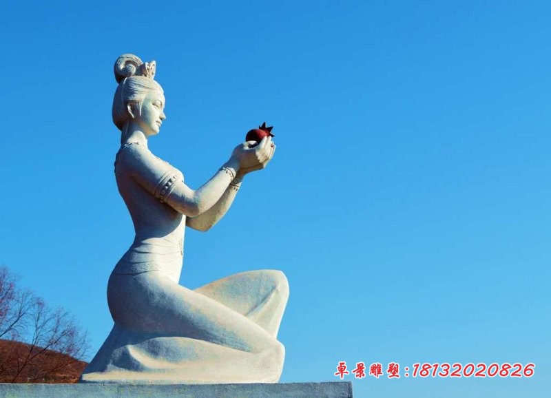 汉白玉手拿石榴的仙女石雕，公园人物石雕