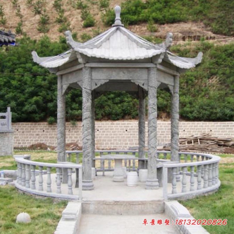 六角石雕凉亭，青石凉亭雕塑 