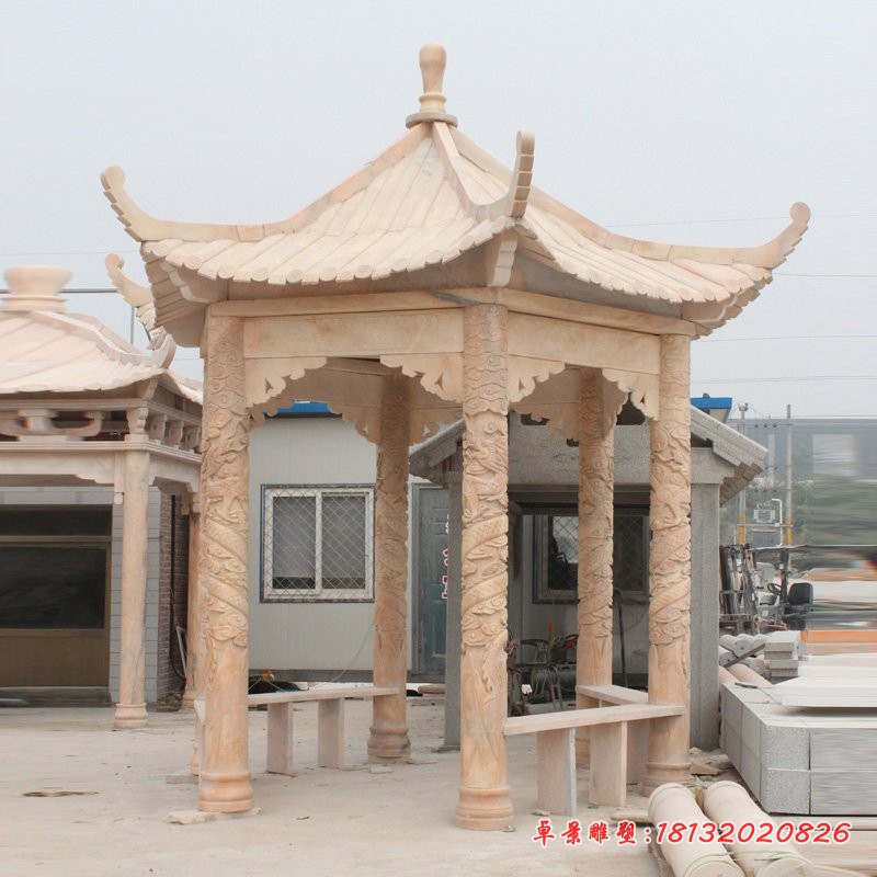 六角亭子，晚霞红石雕凉亭