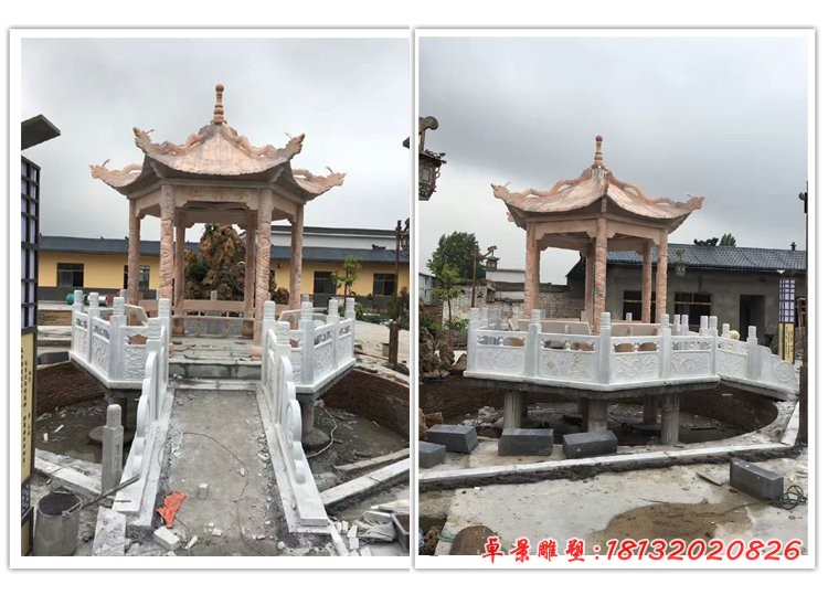 龙浮雕凉亭，晚霞红石亭子 