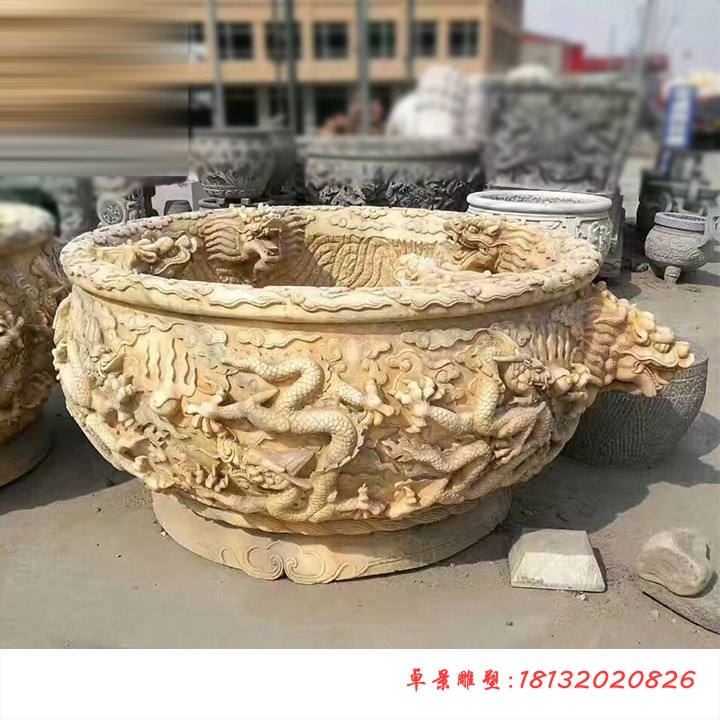 龙浮雕水缸，仿古石雕水缸