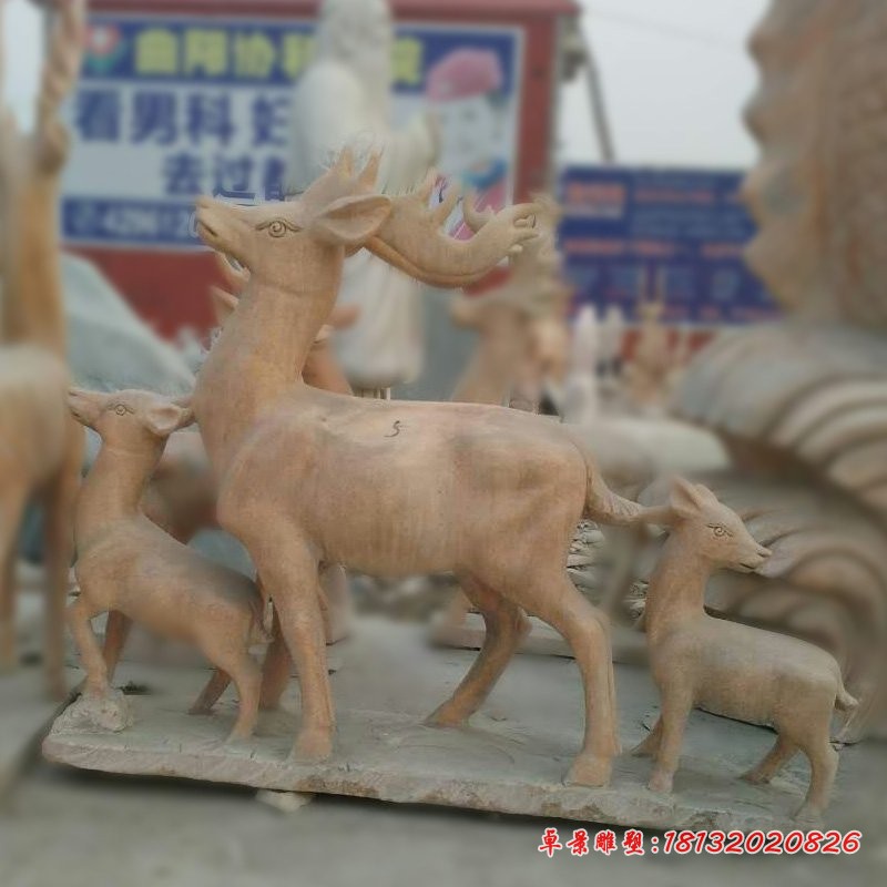 母子鹿石雕，公园晚霞红动物石雕