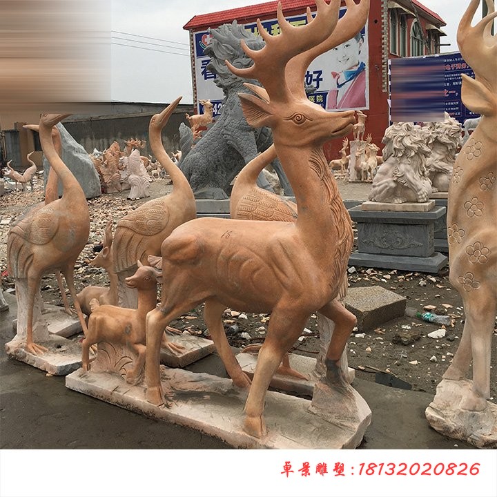 母子鹿石雕，晚霞红石雕鹿