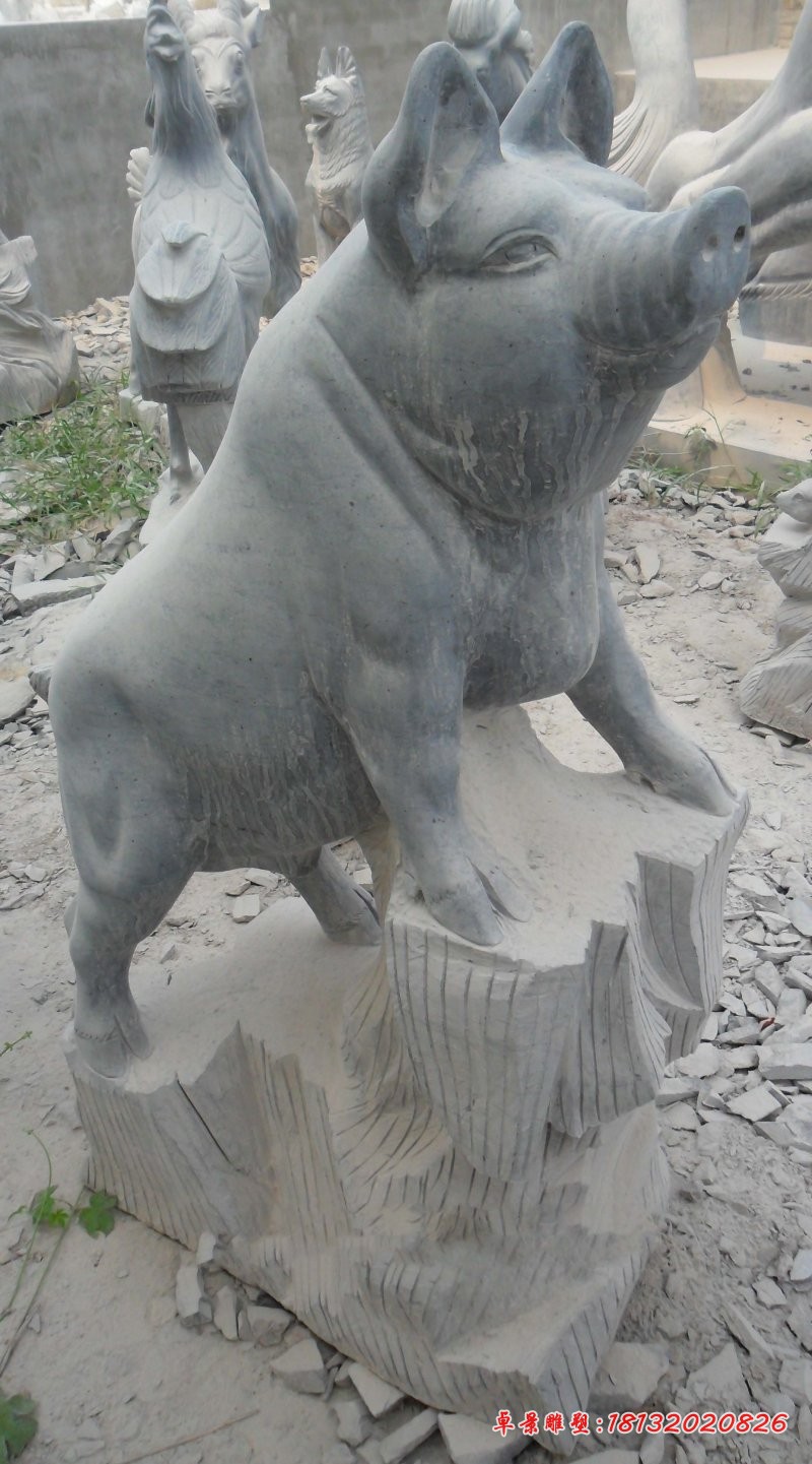 青石十二生肖雕塑，公园动物石雕