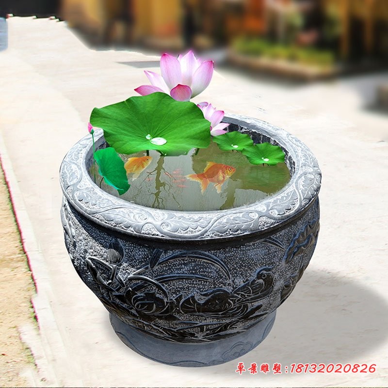 青石水盆，仿古石雕水缸