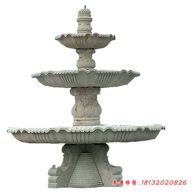 三层跌水盆石雕，大理石喷泉