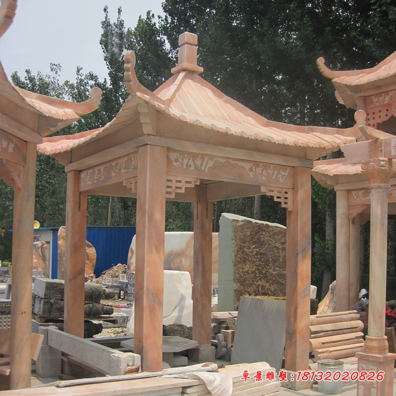 石雕方亭，晚霞红四角凉亭