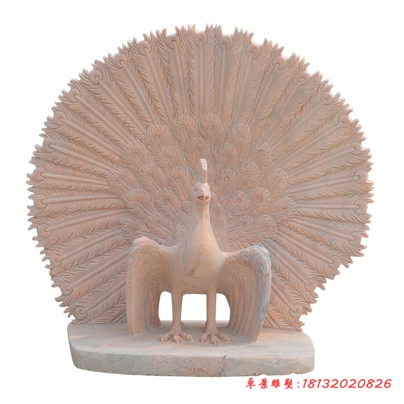 石雕孔雀，晚霞红动物摆件