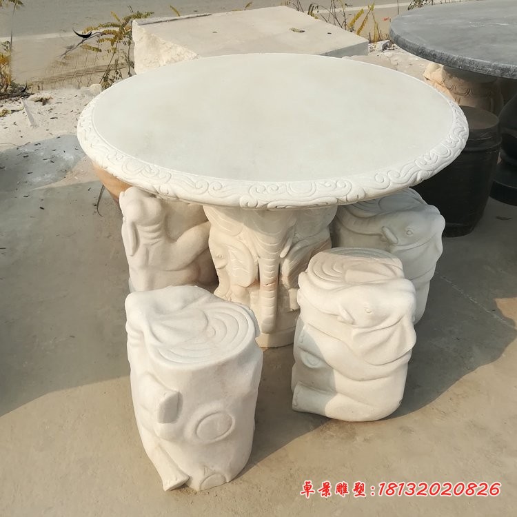 大象桌凳石雕，汉白玉桌凳 