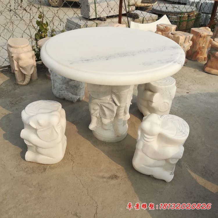 大象桌凳石雕，汉白玉桌凳 