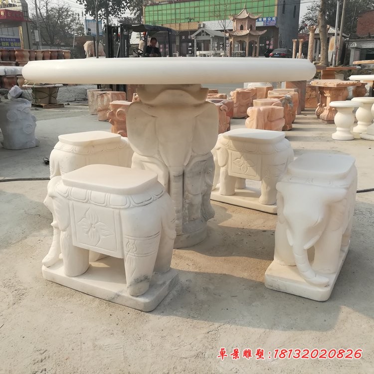 大象桌凳石雕，汉白玉桌凳
