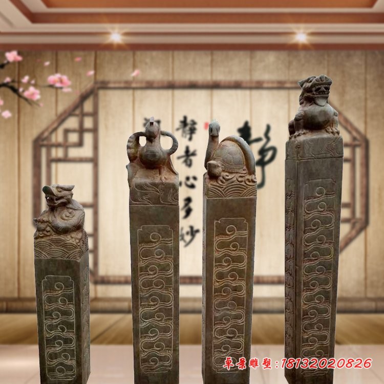 仿古四大神兽拴马柱，庭院拴马柱石雕 