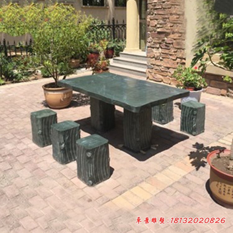 仿木头桌凳石雕，公园方形桌凳石雕 (3)