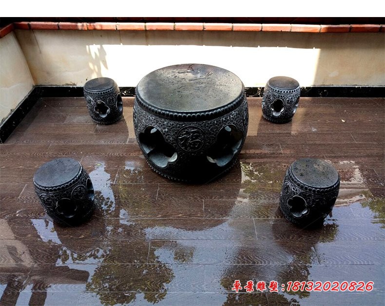 福字浮雕镂空桌凳，庭院圆桌凳石雕