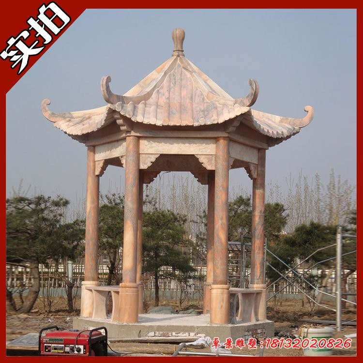 公园六角凉亭  晚霞红凉亭石雕 (4)