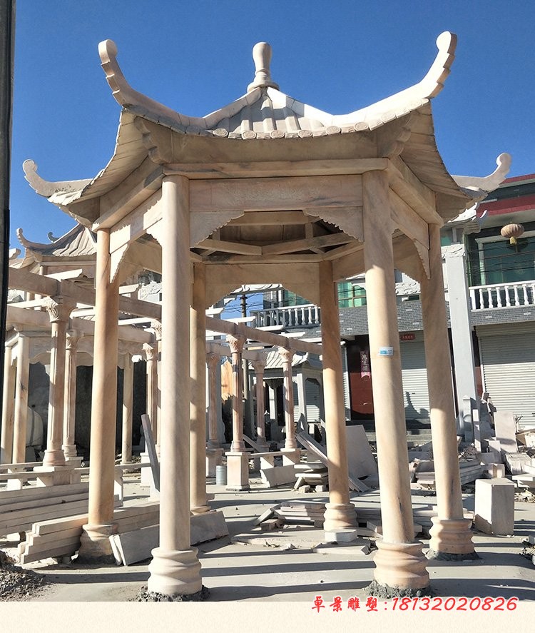 公园六角凉亭  晚霞红凉亭石雕