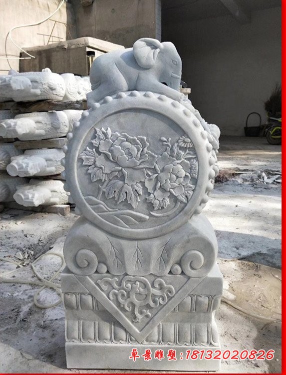 汉白玉大象抱鼓石，门口门墩石雕 