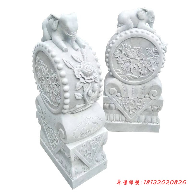 汉白玉大象抱鼓石，门口门墩石雕 