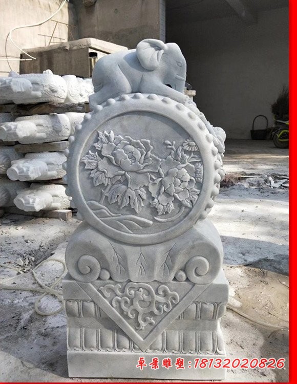 汉白玉大象抱鼓石，门口门墩石雕 