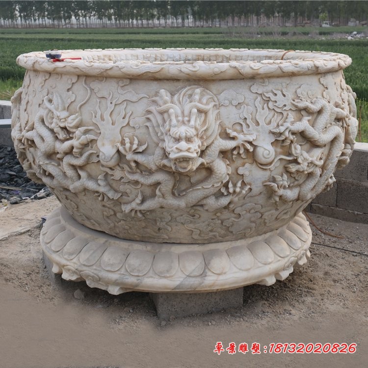汉白玉仿古水缸，公园圆形水缸石雕 