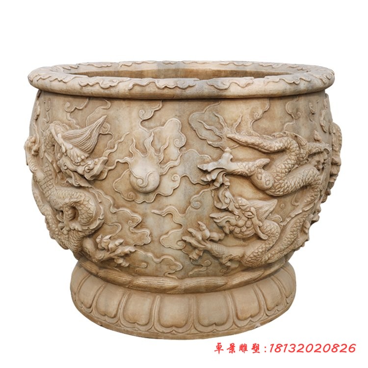 汉白玉仿古水缸，公园圆形水缸石雕