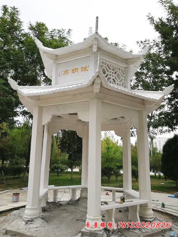 汉白玉六角双层凉亭石雕，公园石凉亭