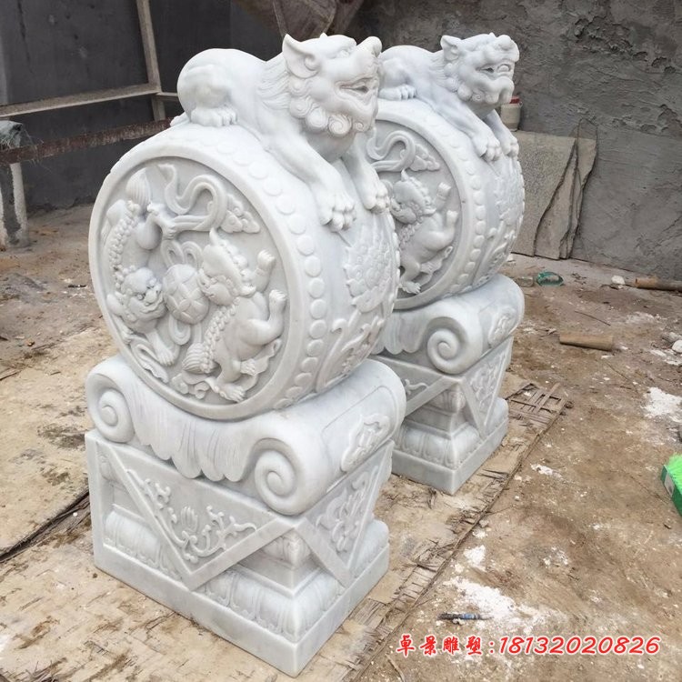 汉白玉狮子门墩 门口镇宅抱鼓石 