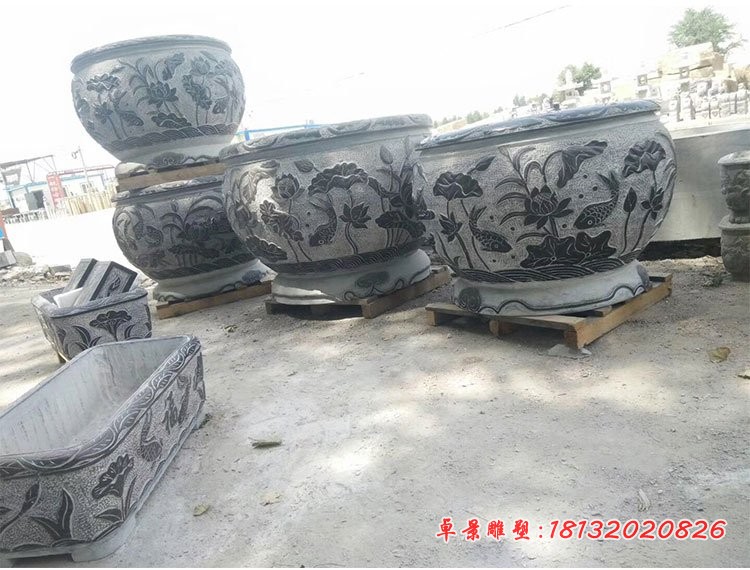 青石仿古鲤鱼莲花浮雕水缸 公园圆形水缸石雕 (4)