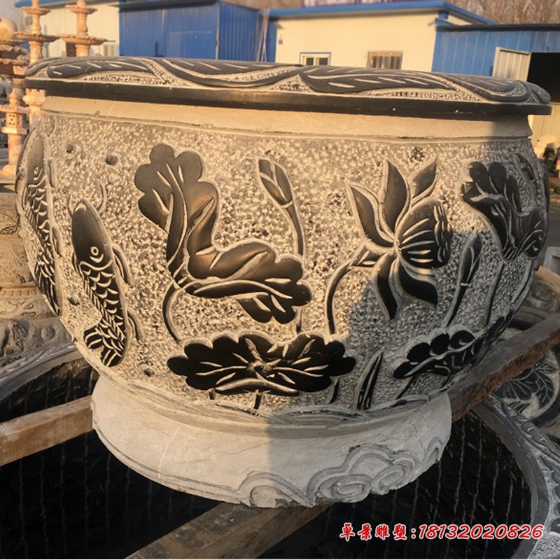 青石仿古鲤鱼莲花浮雕水缸 公园圆形水缸石雕 (5)