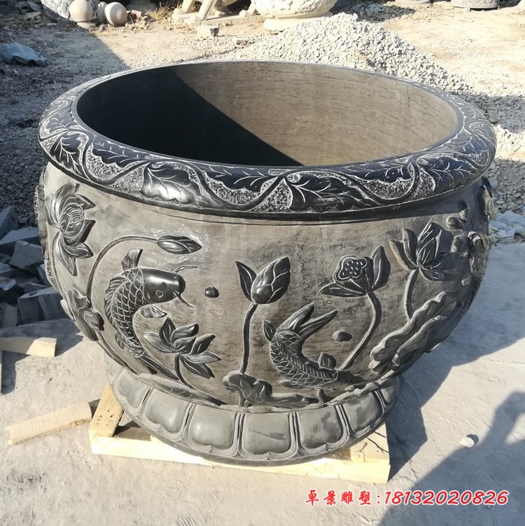 青石仿古鲤鱼莲花浮雕水缸 公园圆形水缸石雕 (3)
