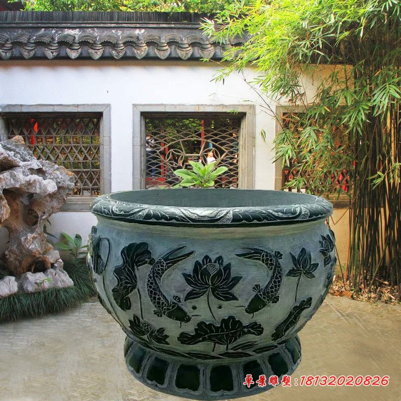 青石仿古鲤鱼莲花浮雕水缸 公园圆形水缸石雕 (7)