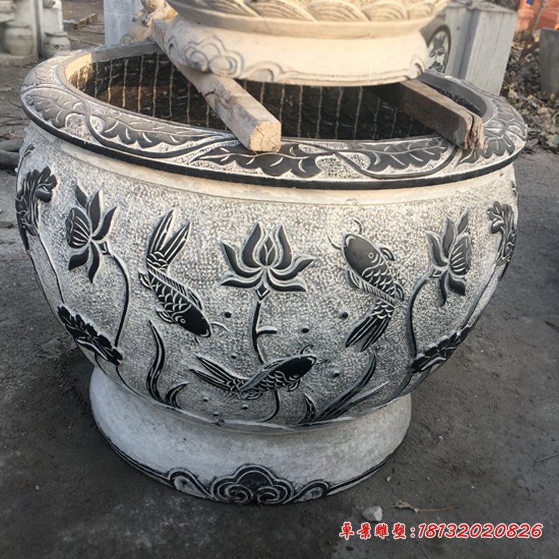 青石仿古鲤鱼莲花浮雕水缸 公园圆形水缸石雕
