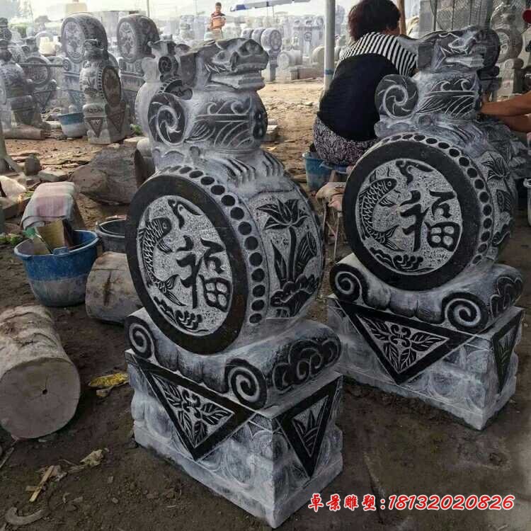 青石仿古貔貅门墩 福鱼浮雕抱鼓石