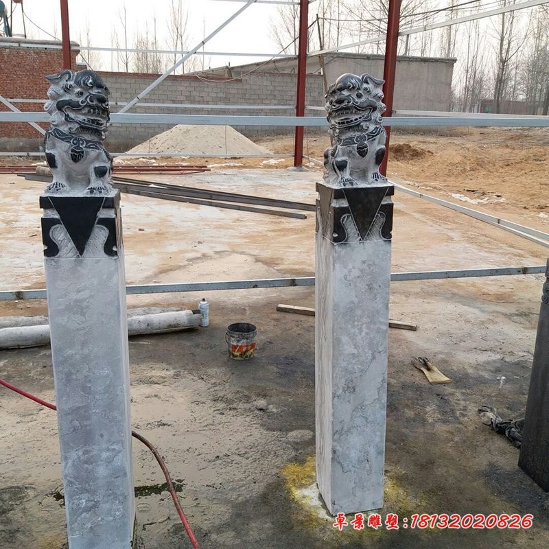 青石仿古拴马柱，狮子拴马柱石雕