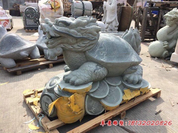 青石铜钱龙龟石雕，石雕招财龙龟