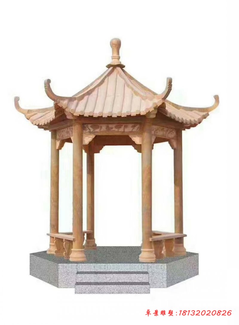 石雕六角凉亭，晚霞红公园凉亭 