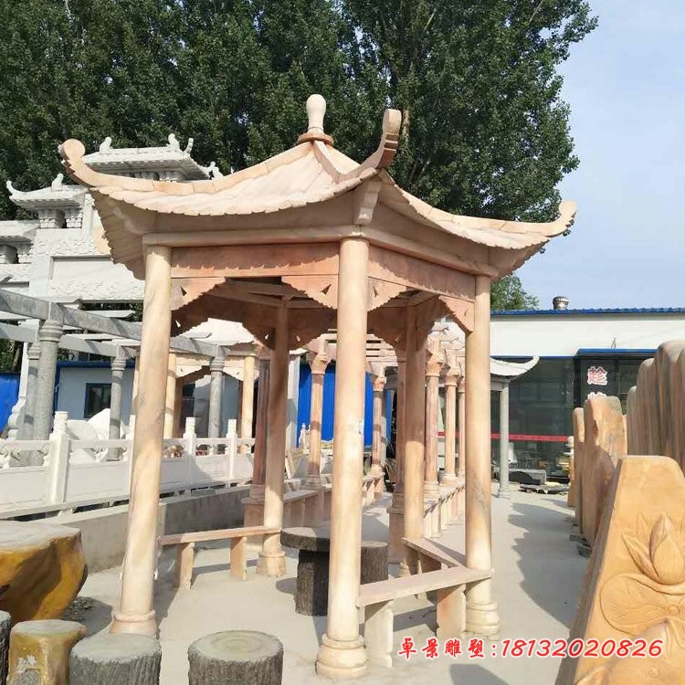 石雕六角凉亭，晚霞红公园凉亭 