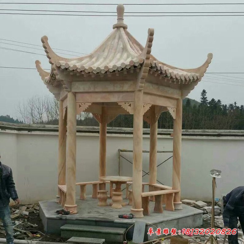 石雕六角凉亭，晚霞红公园凉亭 