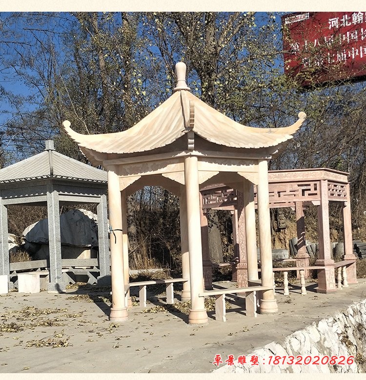 石雕六角凉亭，晚霞红公园凉亭 