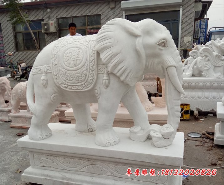 石雕招财进宝大象，汉白玉招财大象石雕