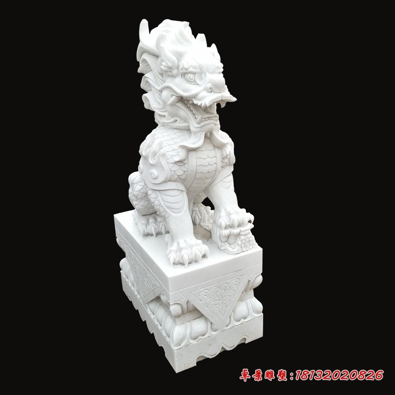 石雕坐式麒麟 汉白玉踩球坐式麒麟雕塑
