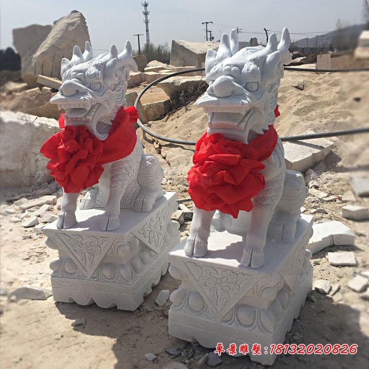 石雕坐式麒麟，汉白玉麒麟雕塑 (2)