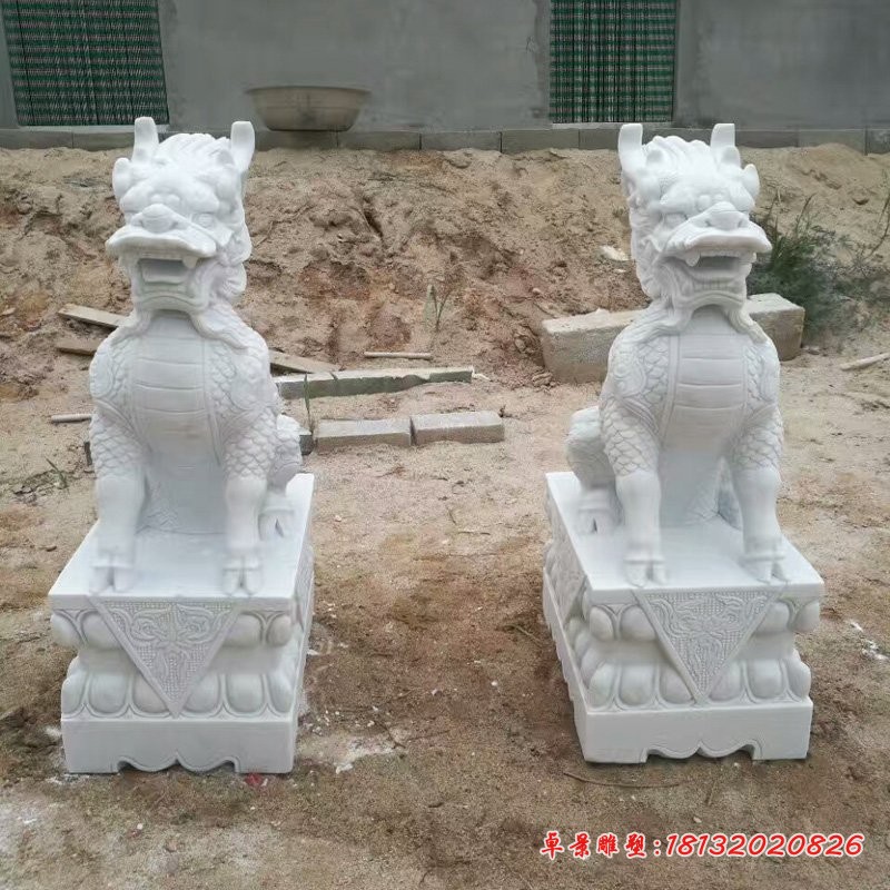 石雕坐式麒麟，汉白玉麒麟雕塑