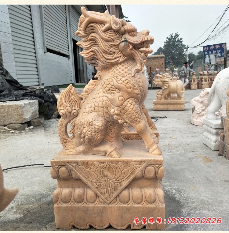 石雕坐式麒麟，晚霞红麒麟 (8)