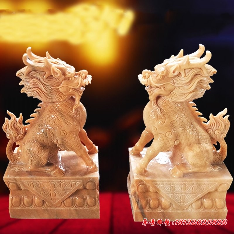 石雕坐式麒麟，晚霞红麒麟 (7)