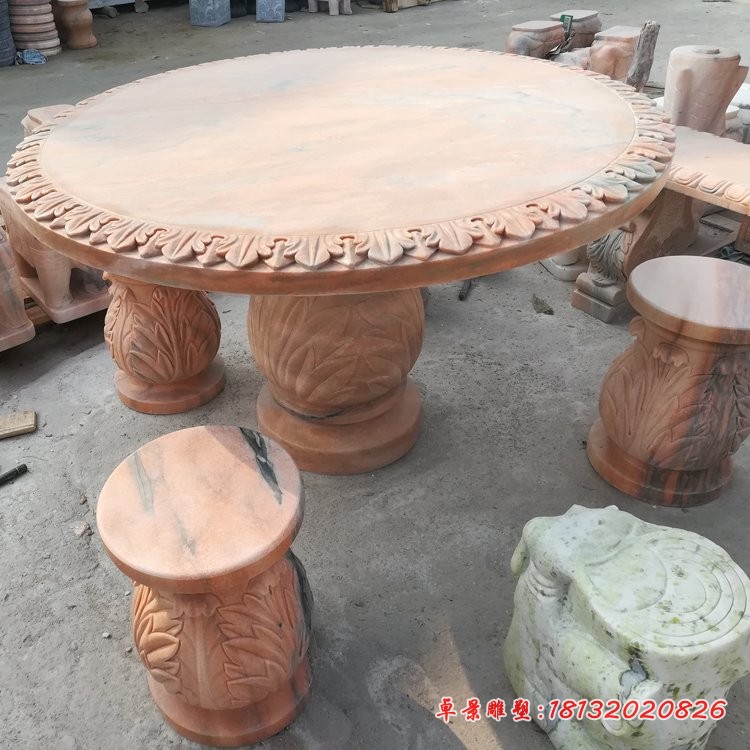 树叶浮雕石桌凳 晚霞红圆形桌凳