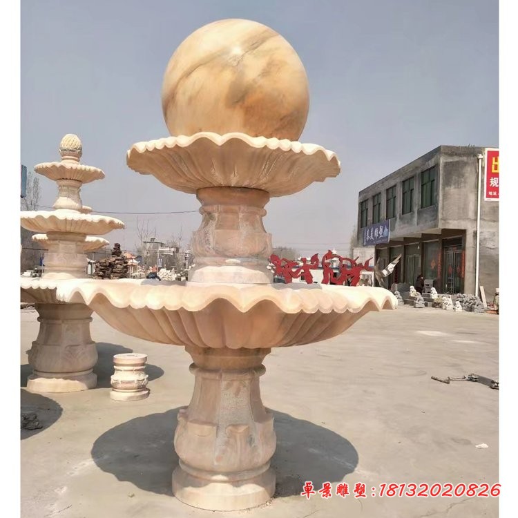 双层风水球喷泉石雕，晚霞红风水球喷泉