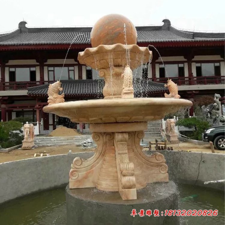 双层风水球喷泉石雕 晚霞红鲤鱼喷泉石雕