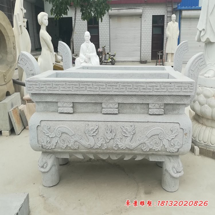 双龙戏珠浮雕香炉，寺庙方形香炉石雕
