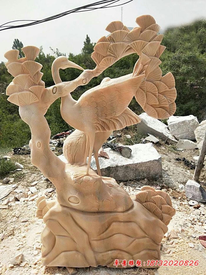 松鹤延年石雕，晚霞红仙鹤松树石雕